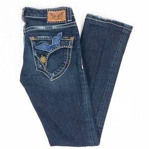 Robins Jean Long Flap Slim Boot Womens Jeans Flap Pockets Dark Wash Size 26/31